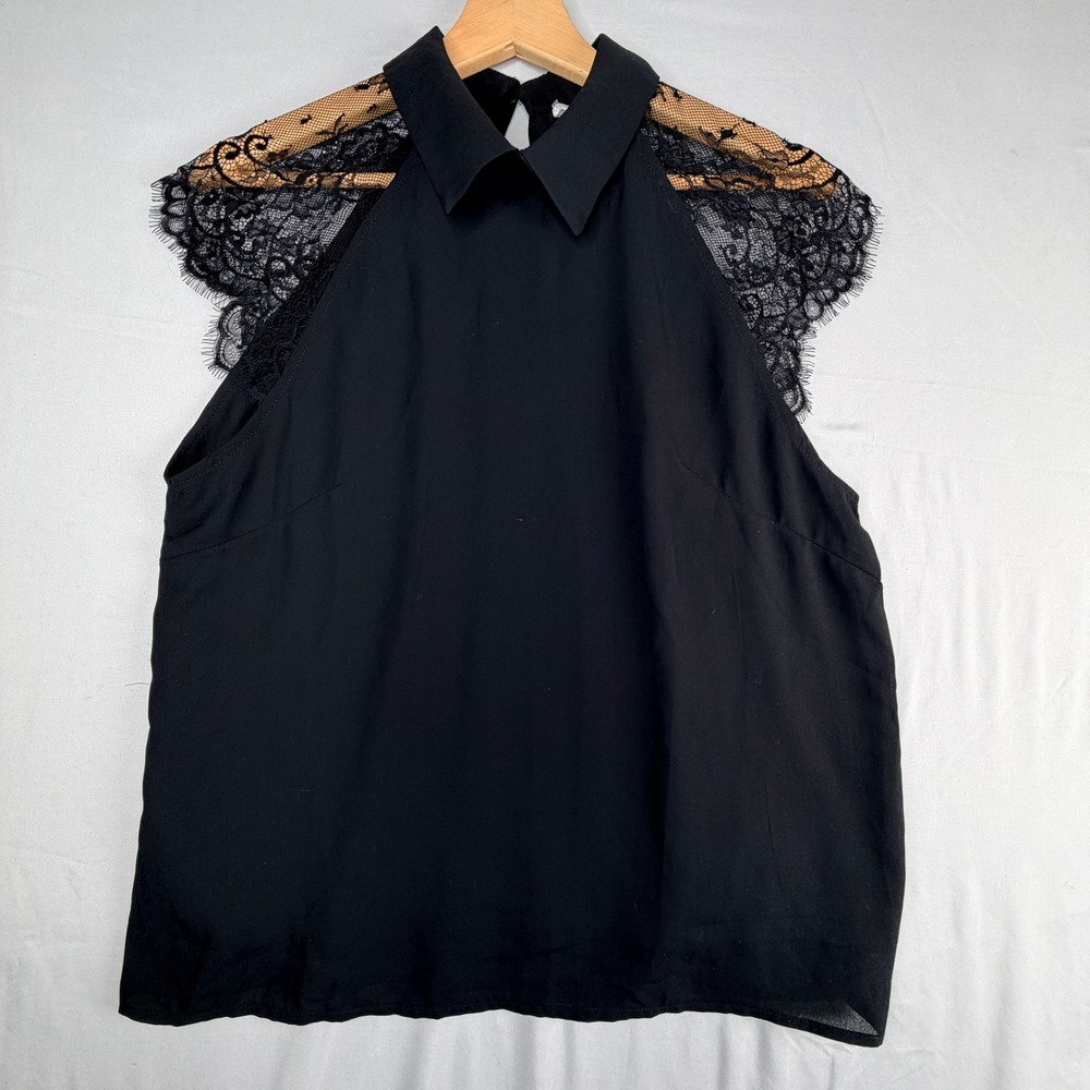 Floerns Black Lace Shoulder Sleeveless Blouse Keyhole Back Top Size M NEW